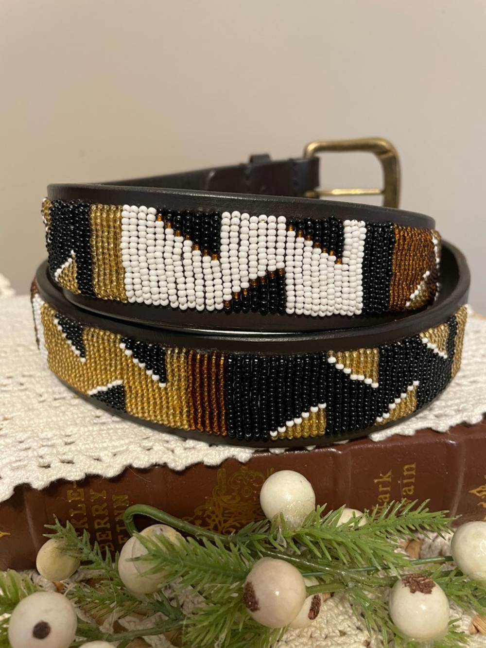 Southwestern Brown Leather Beaded Belt XL